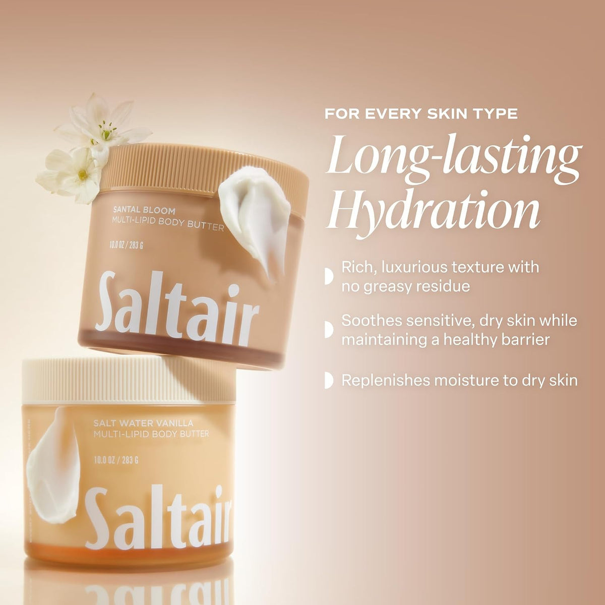 Saltair Multi-Lipid Body Butter - Rich, Nourishing Hydrating Body Cream with Ceramide Complex, Coconut Oil, Shea Butter, and Sea Buckthorn. Moisturizing Dry Skin Care. 10oz Jar - Santal Bloom