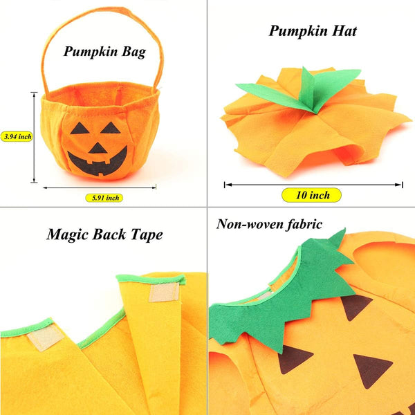 Halloween Pumpkin Costume for Kids 3PCS Set with Hat and Bag