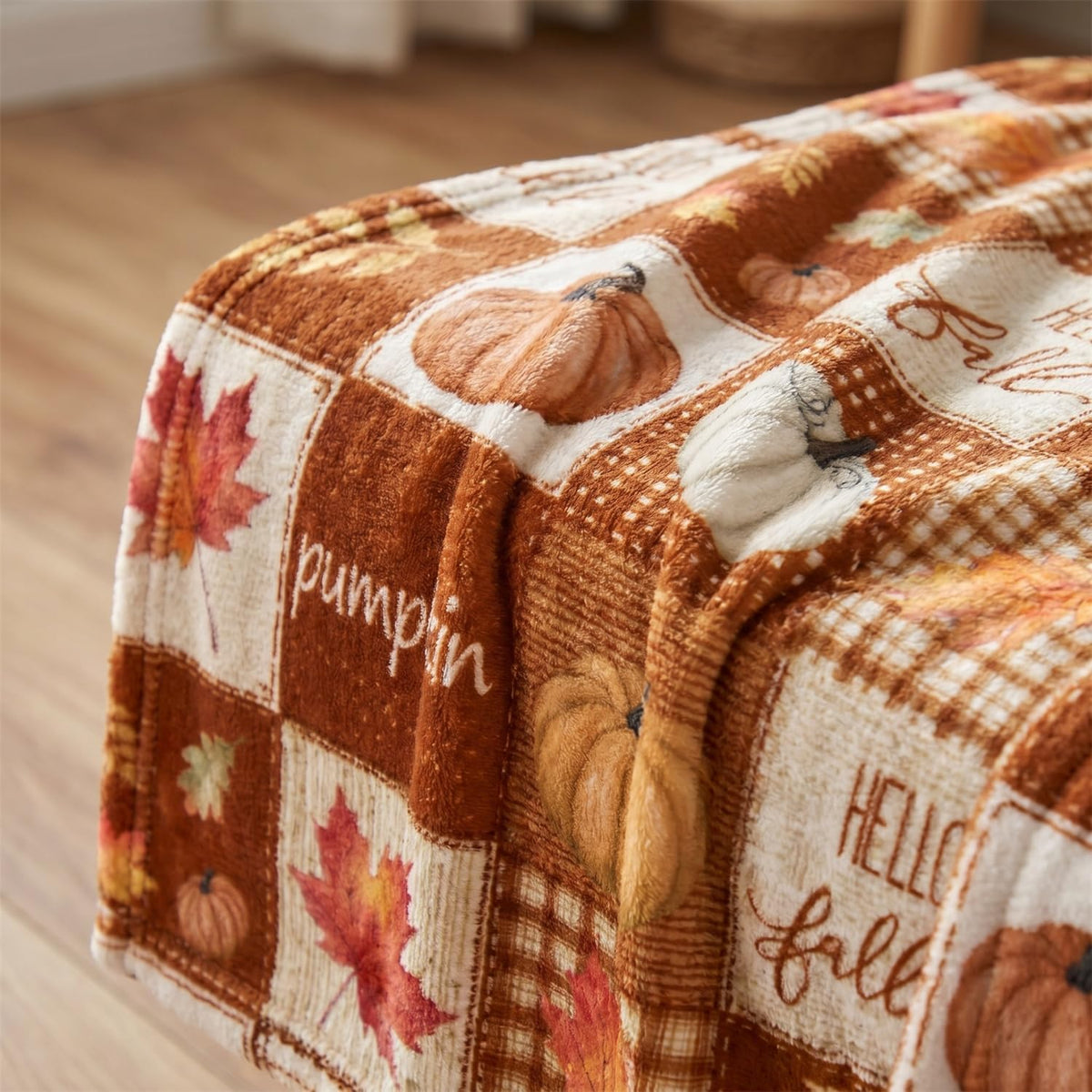 Horaldaily Fall Checked Pumpkin Leaves Flannel Pets Blanket 20x30