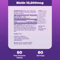 Natrol Biotin 10000mcg, 4X Faster Dissolve Supplement for Healthy Hair, Skin and Nails for Those Low in Biotin, Plus Energy Metabolism Support, 60 Tablets, Up to a 60 Day Supply