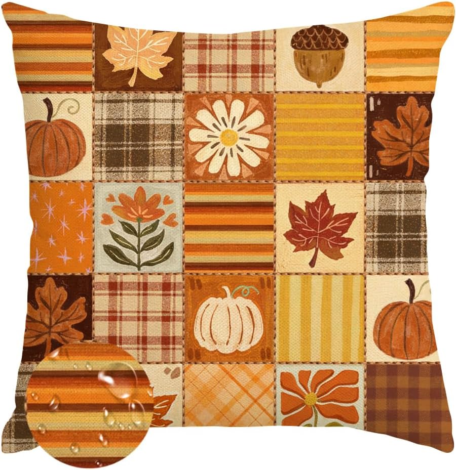 Fall Outdoor Pillow Covers 18x18,Plaid Pumpkin Maple Leaf Decoration