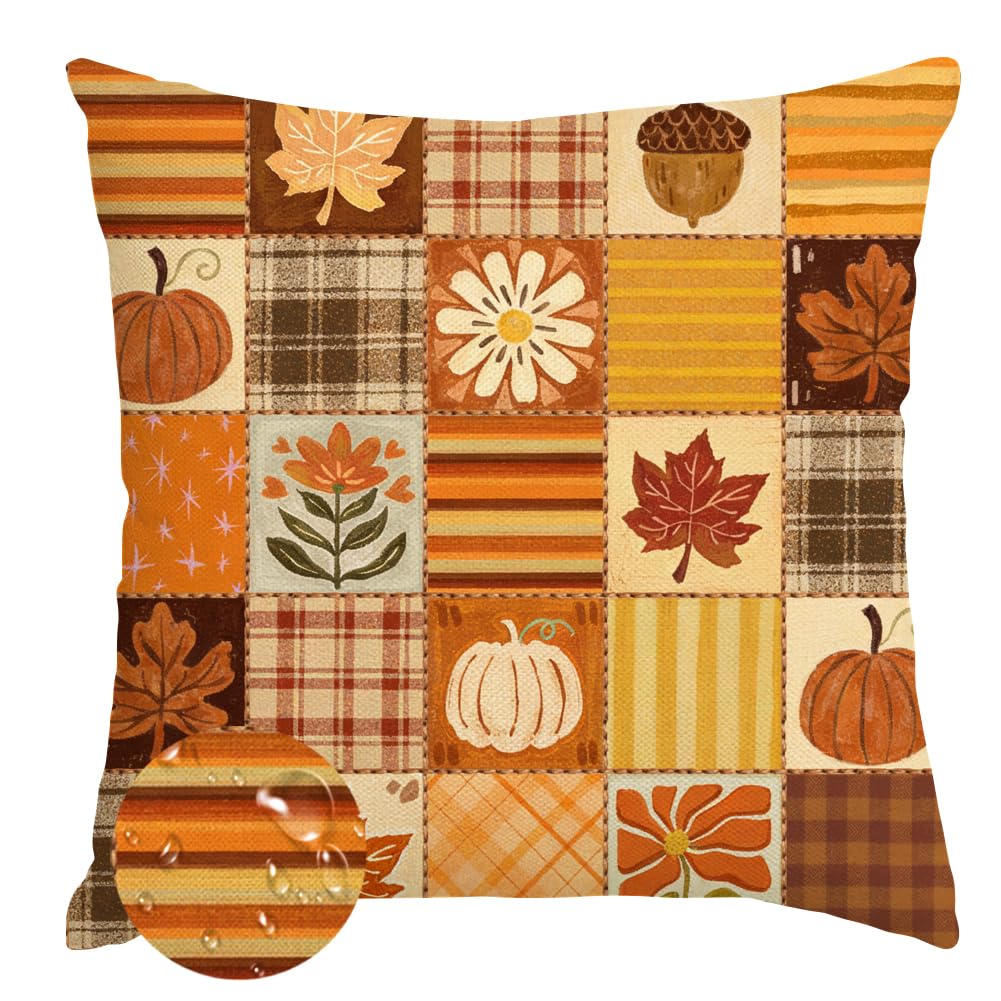 Fall Outdoor Pillow Covers 18x18,Plaid Pumpkin Maple Leaf Decoration
