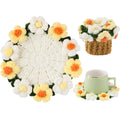 Crochet Flower Coasters, Handmade Bouquet Coasters with Crochet Plant Pot (Sunflower Yellow, 1Pc)