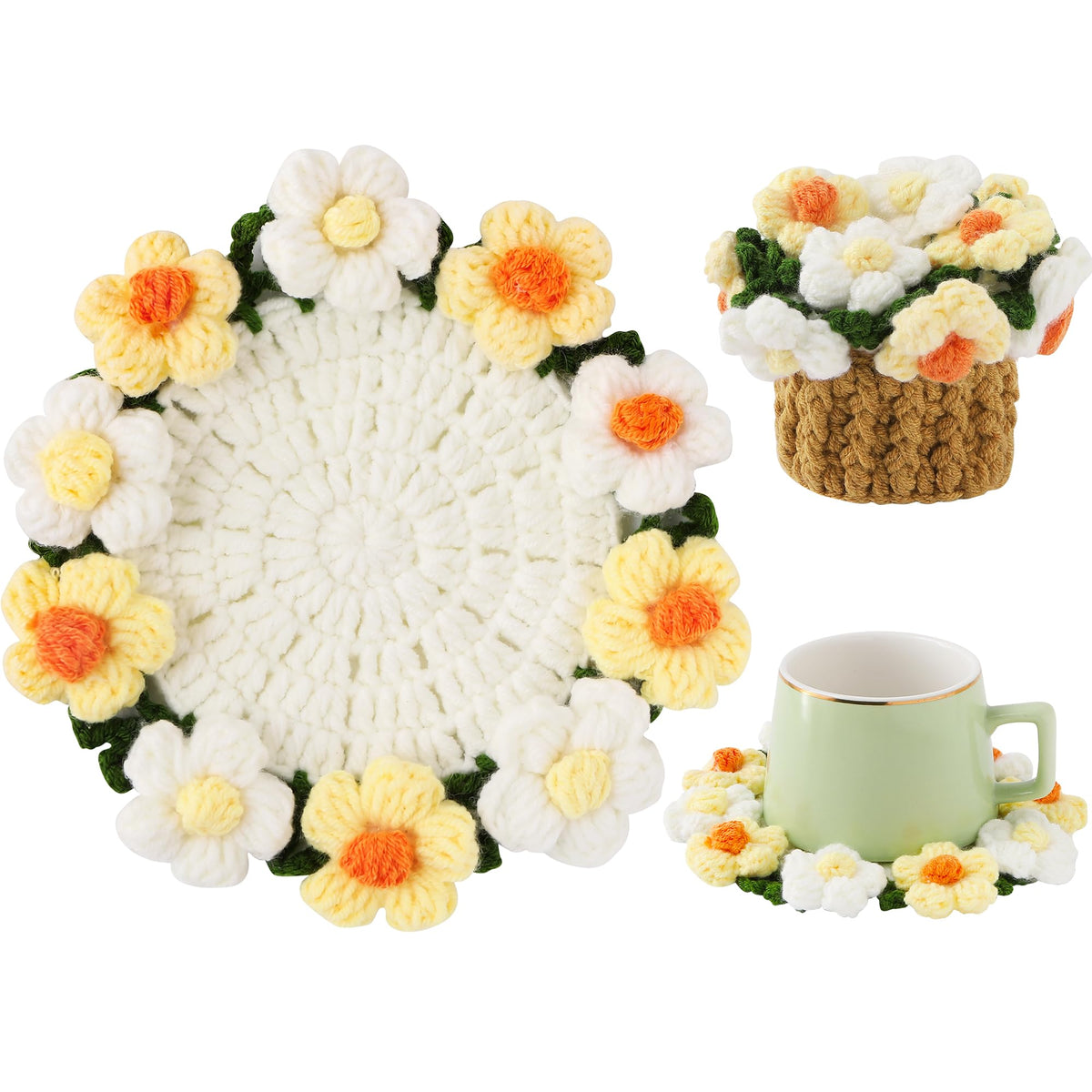 Crochet Flower Coasters, Handmade Bouquet Coasters with Crochet Plant Pot (Sunflower Yellow, 1Pc)