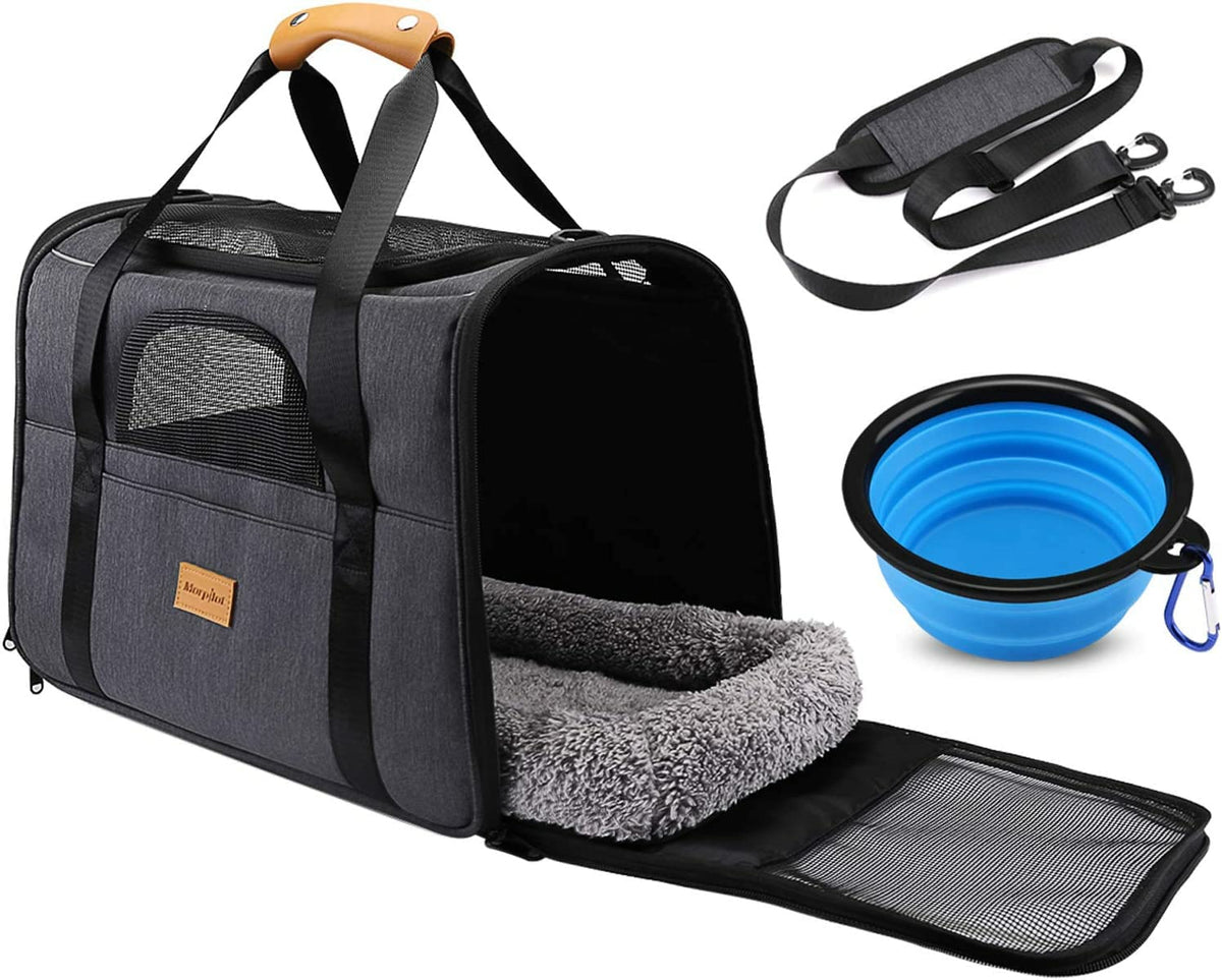 Morpilot Pet Carrier for Large Cats, Puppies & Small Dogs Up to 25lbs, Escape-Proof with Locking Zippers, Dual-Sided Cushion, Safety Buckle for Car & Vet Travel, Includes Foldable Bowl (Dark Gray)