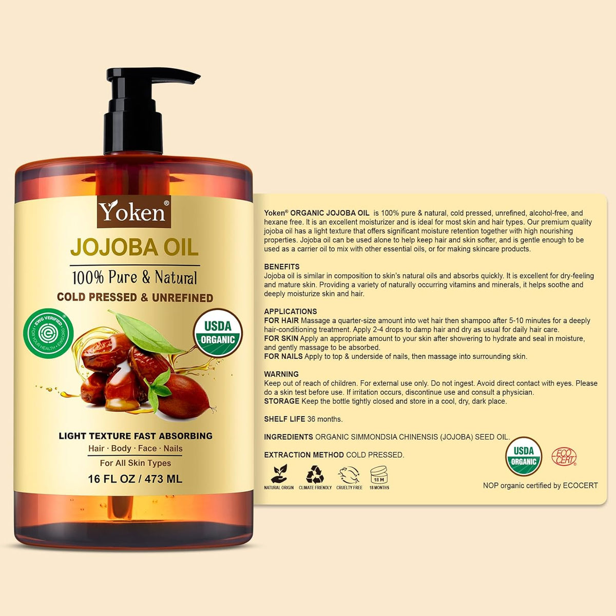 Yoken Organic Jojoba Oil 16oz, USDA Certified Cold Pressed for Skin Care | Cold Pressed Body Oil Women After Shower Unscented Carrier Massage Moisturizer Hydrating Nourishing Essential Mixing