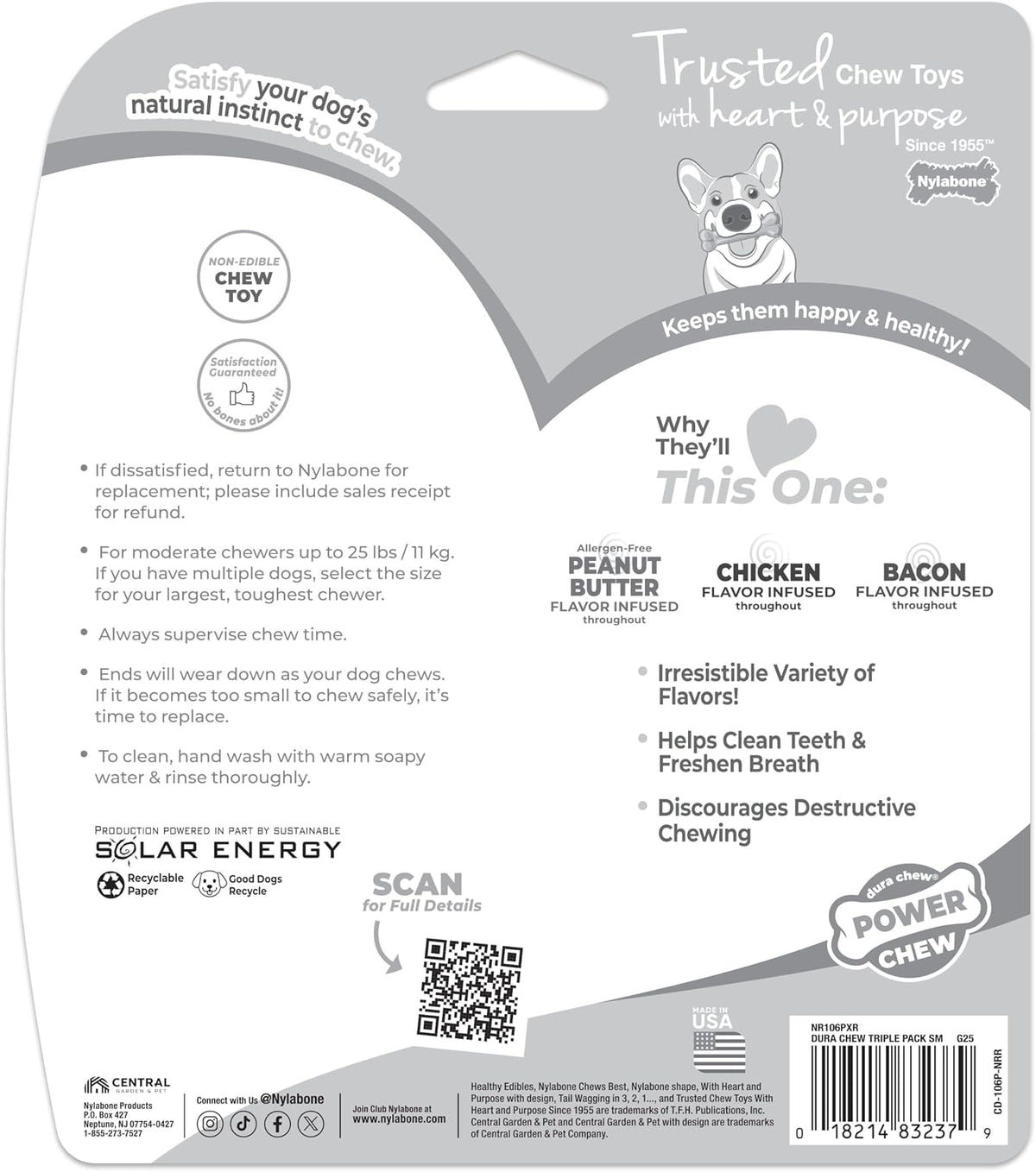 Nylabone Original Bone Power Chew Toys for Dogs, Durable & Tough Dog Toys for Aggressive Chewers, Long Lasting Chicken, Bacon, and Peanut Butter Flavor, Small - Up to 25 lbs, 1 Count