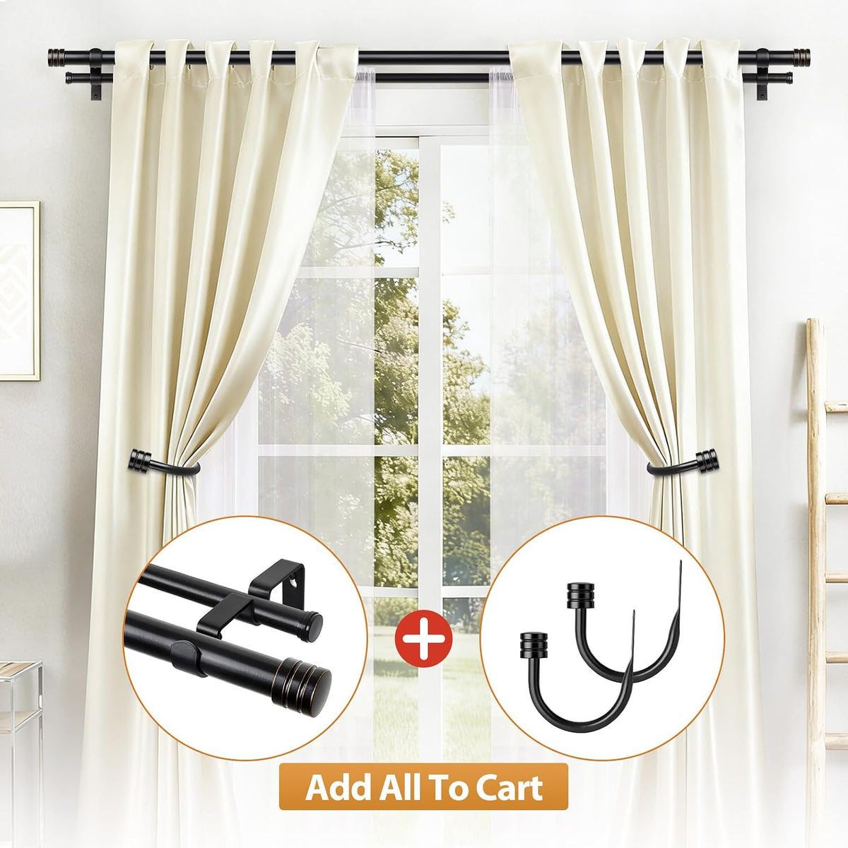 TONIAL 1 Inch Double Curtain Rods for Windows 66 to 120 Inch, Black, | Heavy Duty Dual Drapey Rod 32 to 144 Inch, Decorative Adjustable for Living Room, with Classic Finial, 33lbs Weight Capacity