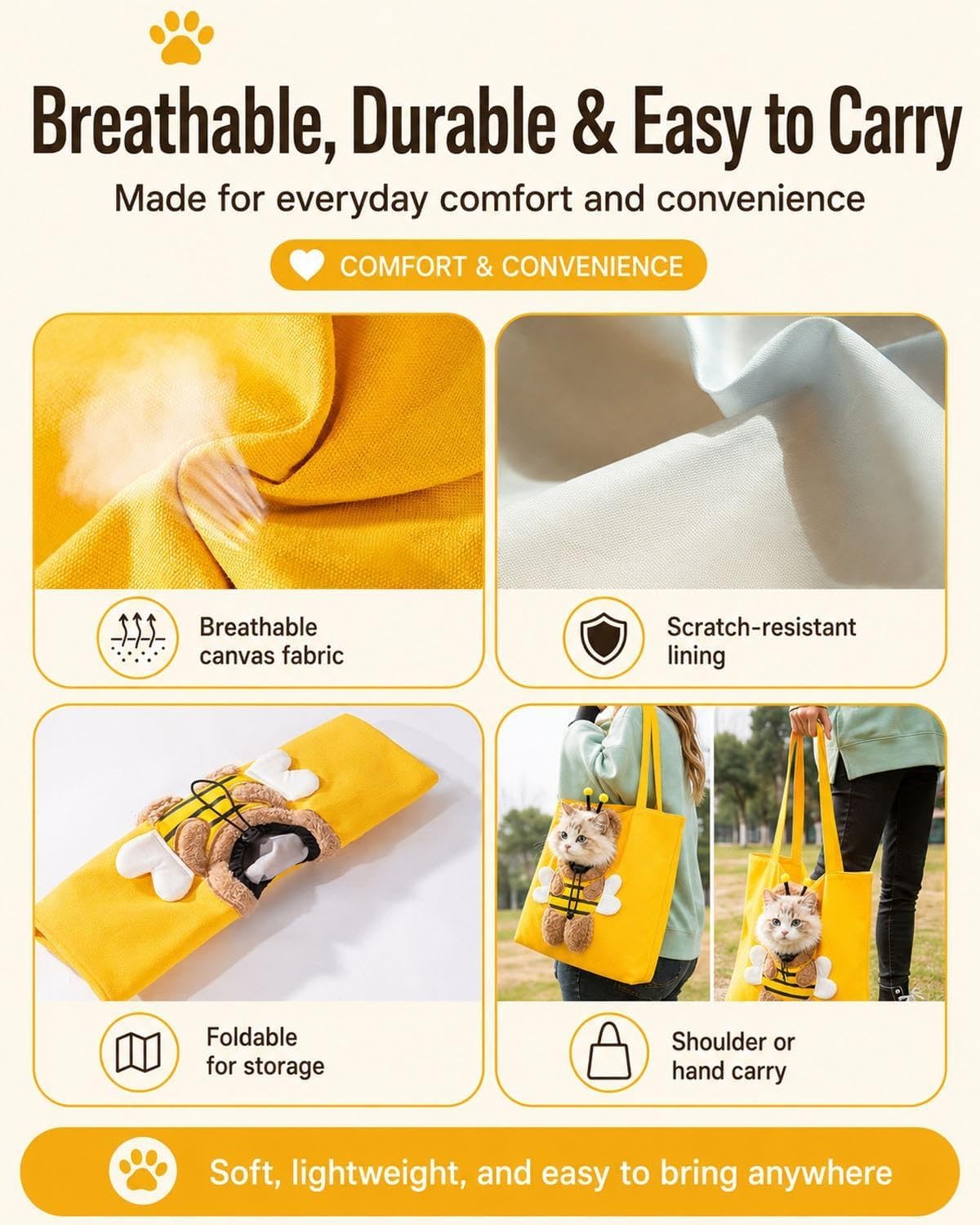 Paw Peek Bag, Breathable Pet Canvas Shoulder Carrier, Cat Dog Tote
