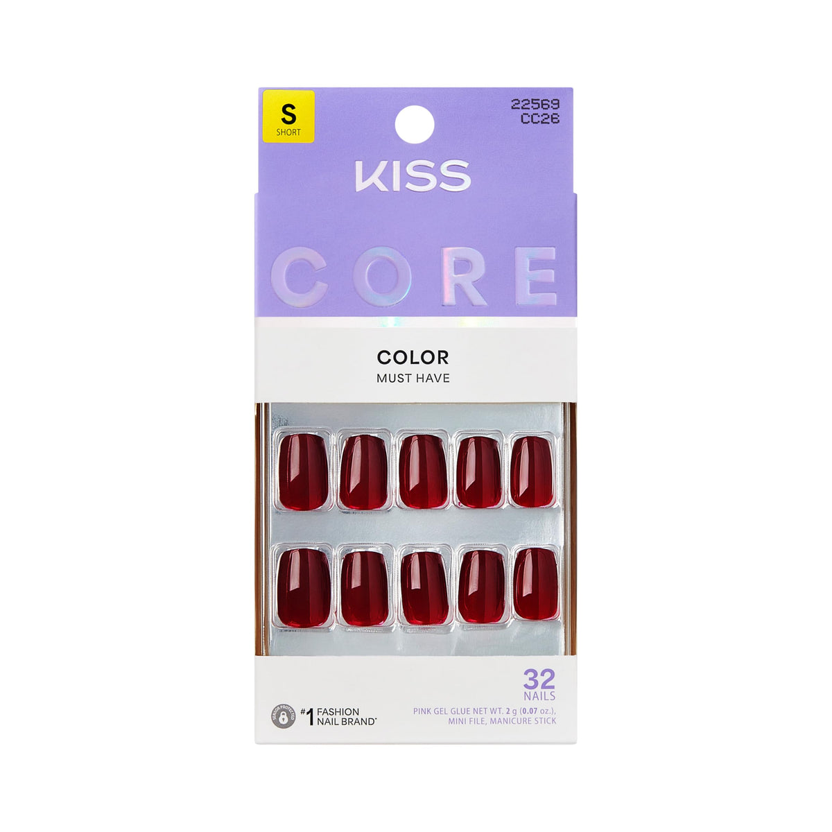 Kiss Core, Press On Nails, Nail glue included, 'Photogenic', Black, Short Size, Squoval Shape, Includes 32 Nails, 2g Glue, 1 Manicure Stick, 1 Mini File