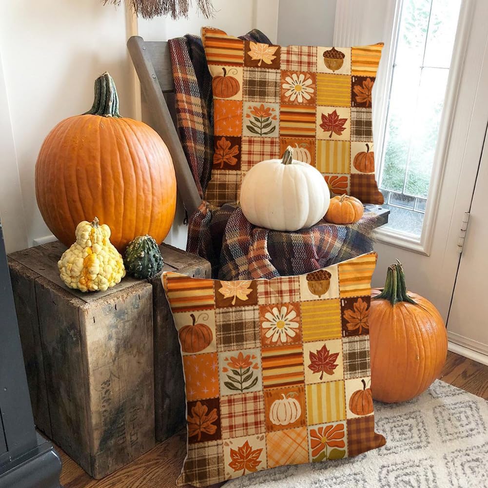 Fall Outdoor Pillow Covers 18x18,Plaid Pumpkin Maple Leaf Decoration