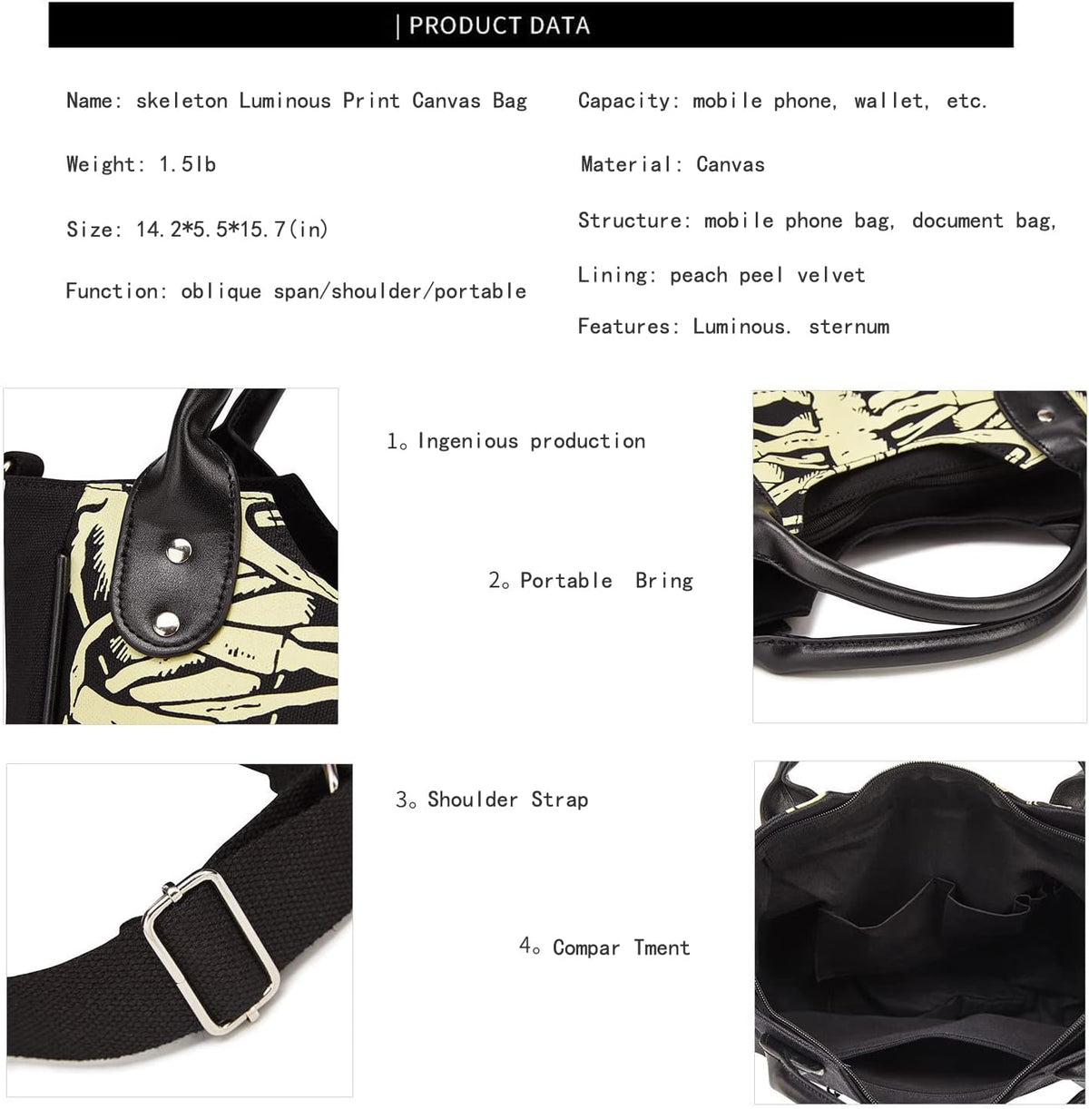 Gothic Backpack Canvas Bag Luminous Fashion Skull Crossbody Printed Bag Zipper Luminous Striped Shoulder Bag (Sternum Bag)