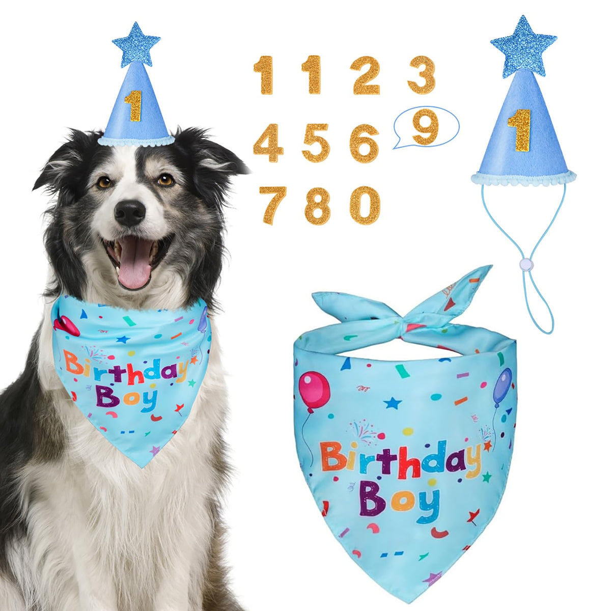 Dog Birthday Party Supplies, Dog Birthday Bandana Set, Dog Boy Girl Birthday Party Hat with Numbers for Large Medium Small Dogs Pet (Blue)