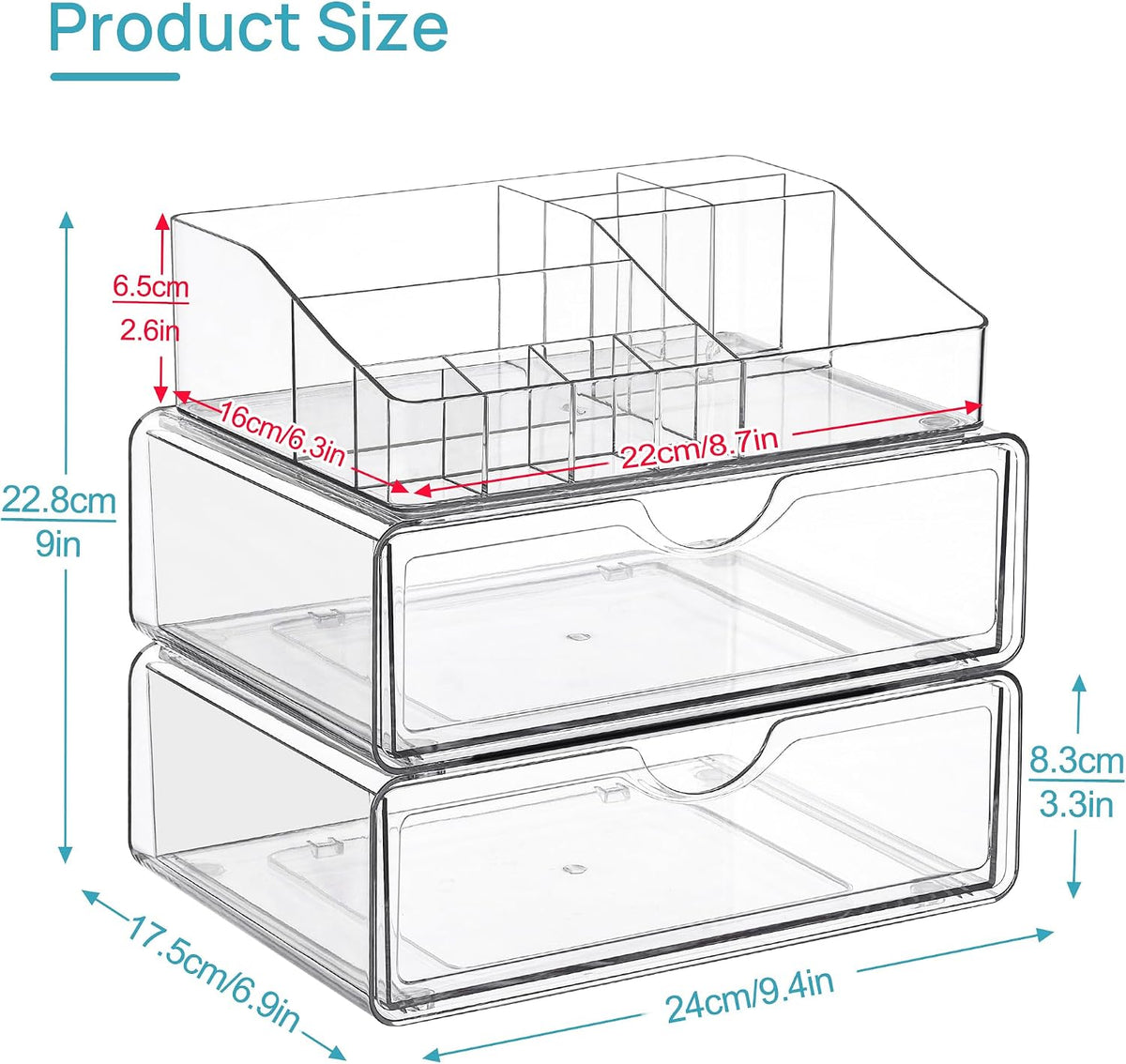 Vtopmart 3 Tier Clear Makeup Organizer with 2 Drawers | Smart Storage Layout, Clear for Better Visibility, Stackable, Large Capacity, for Makeup Lipstick Brush Skincare