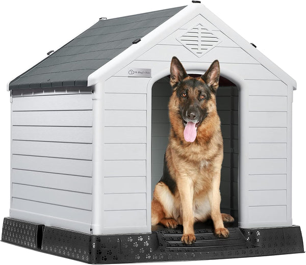 LEMBERI Durable Waterproof Plastic Dog House for Small to Large Sized Dogs, Indoor Outdoor Doghouse Puppy Shelter with Elevated Floor, Easy to Assemble (Gray, 39" L x 35" W x 37.4" H)