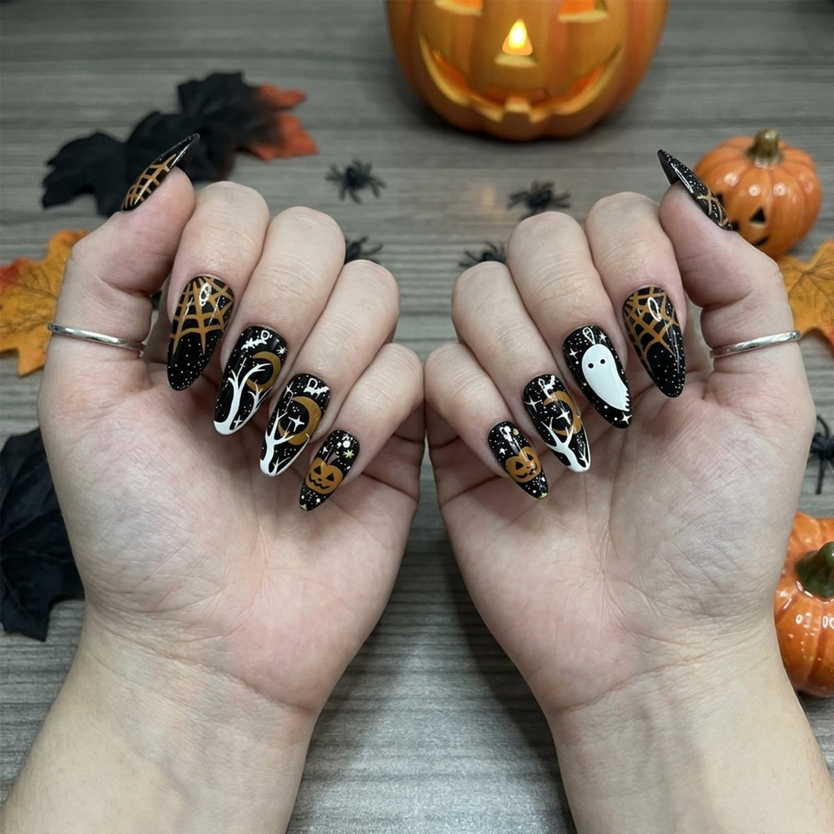 Halloween Press on Nails Medium Almond Ghost Fake Nails 30Pcs