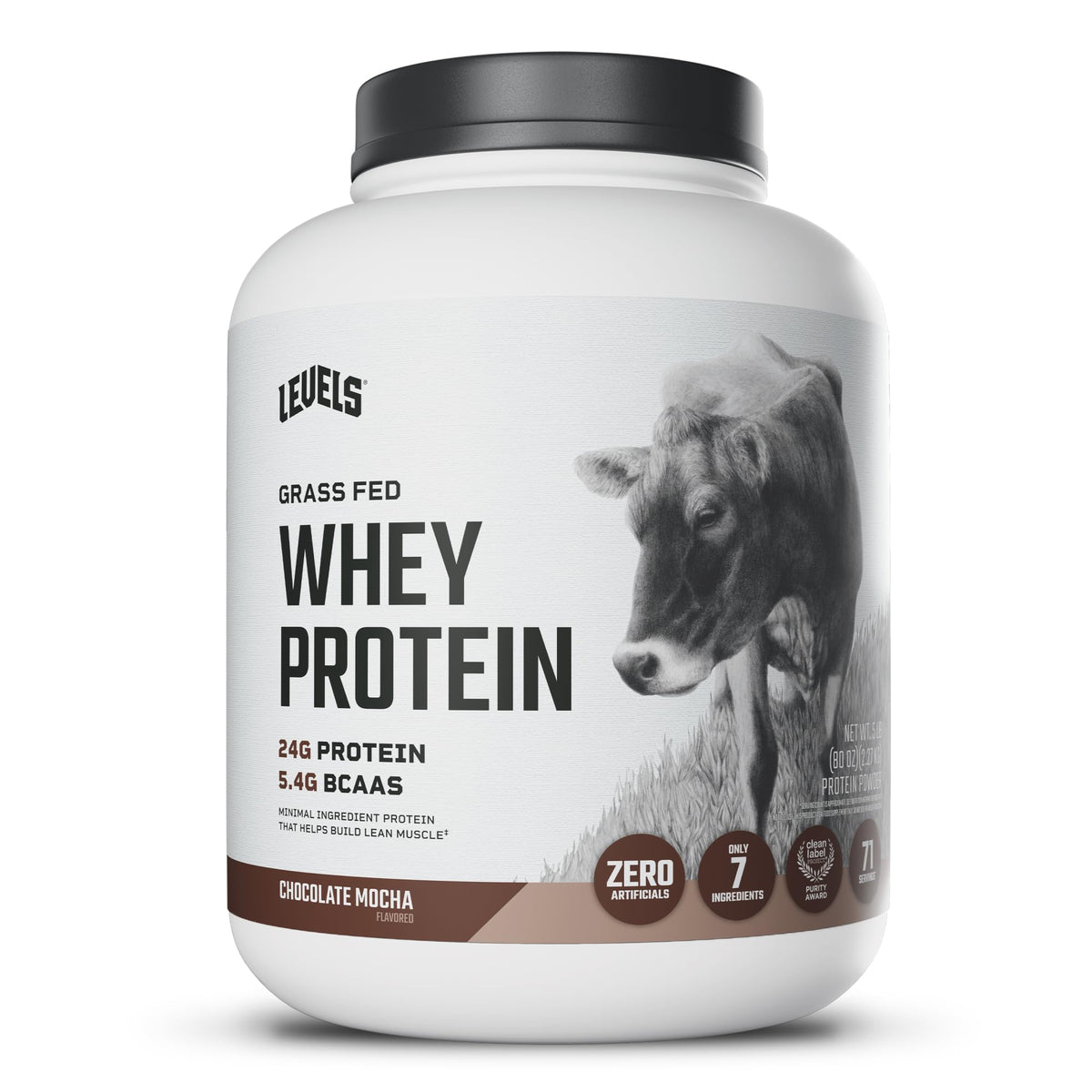 Levels Whey Protein Powder, No Artificial Ingredients, Vanilla Bean, 2LB | 24G of protein and 5.4G BCAAs per scoop, made with hormone-free dairy, zero junk, no fillers, no added sugar, certified clean