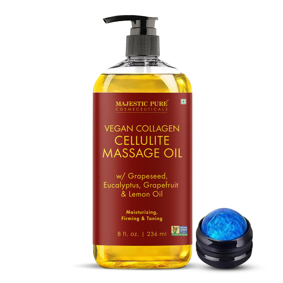 Majestic Pure Firming Body Massage Oil- Helps Smooth the Appearance of Cellulite & Improve Skin Texture- Natural Oils with Collagen- Refreshing Aromatherapy Body Oil for Legs & Full Body - 8 fl oz