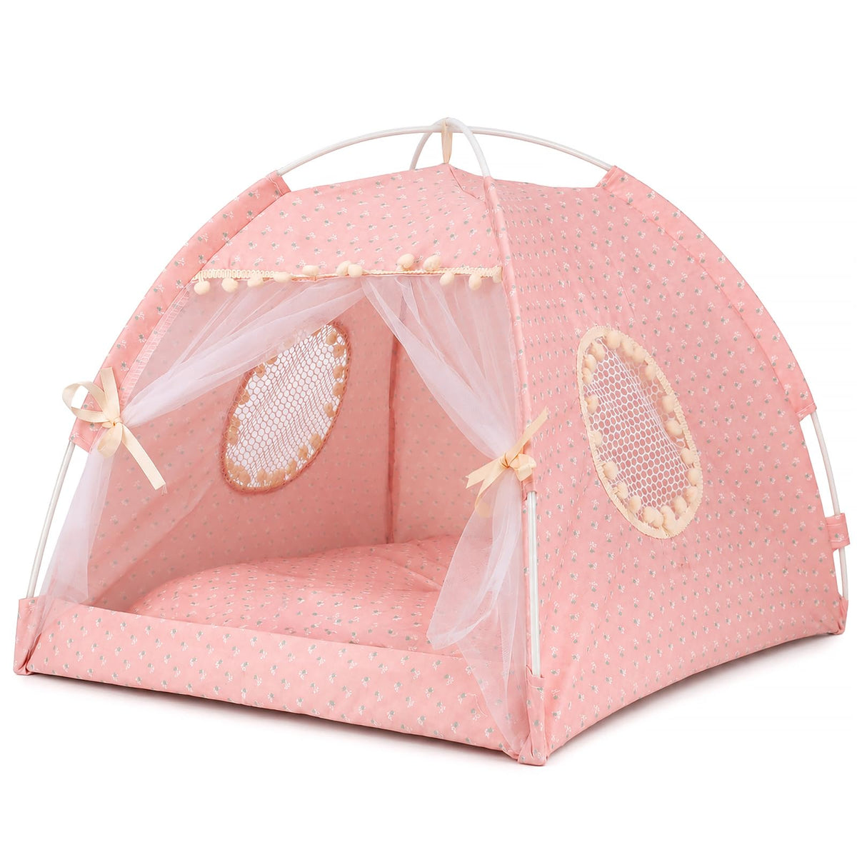Pink Princess Cat Bed Dog Tent, Indoor House for Small Puppies and Kittens | Portable Pet Teepee Bunny Nest Foldable Cozy Cave Hideaway Washable Cushion Reversible Mat Home Use, 15.7 x 15.7 x 14.6 in
