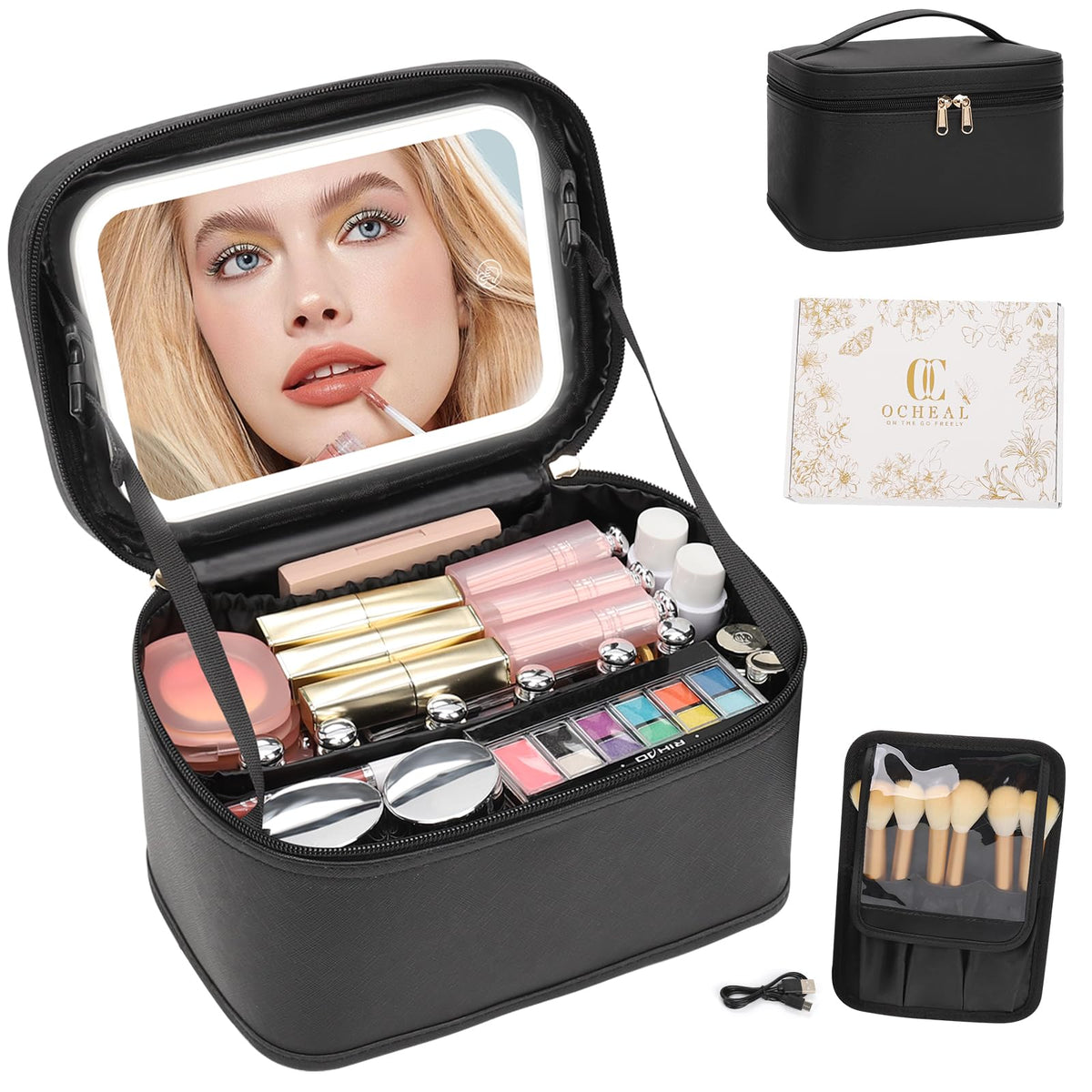 OCHEAL Makeup Bag, Portable Cosmetic Bag, Large Capacity Travel Makeup Case Organizer, Black For Women Toiletry Bag for Girls Traveling With Handle and Divider