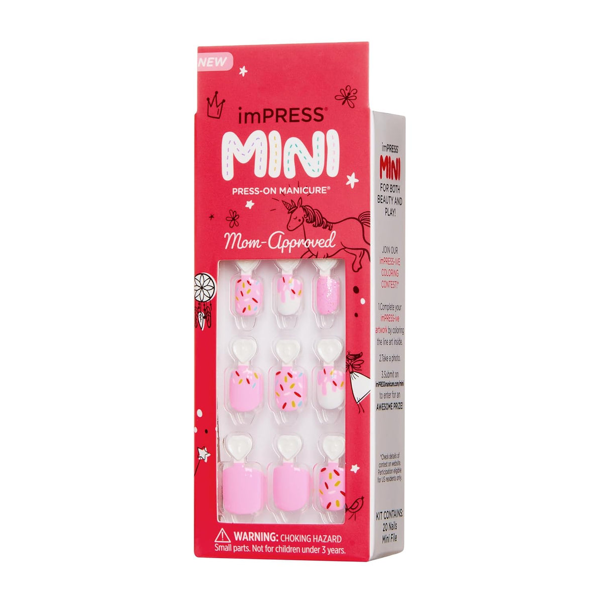 Kiss Impress Mini Mani Press On Nails for Girls & Tween Kids, 20 Super Duper Short Squoval Press-Ons with Pink Glitter Sprinkle, Mom Approved for Small Nail Beds, No Glue Needed, Mini File Included