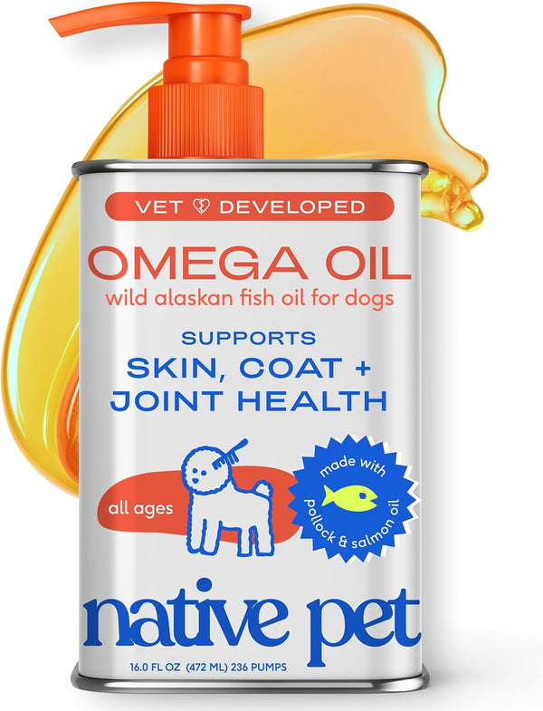 Native Pet Omega 3 Fish Oil for Dogs & Cats – Wild Alaskan Salmon Oil for Dogs Skin and Coat, Supports Joints, Heart & Shedding – Fast-Absorbing Omega 3 6 9 Liquid Supplement – 16oz