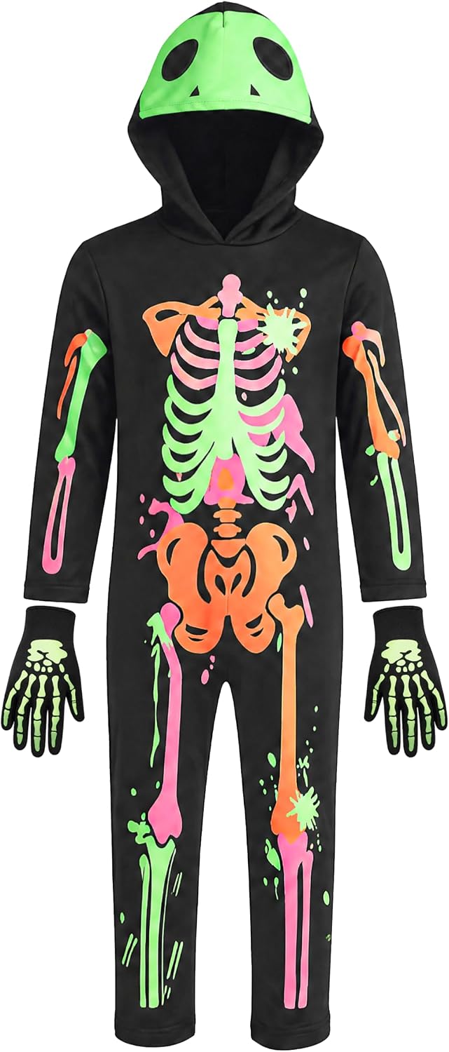 Glow in the Dark Colorful Skull Bones Jumpsuit Halloween Outfit for Kids Unisex Toddler Luminous Skeleton Costumes