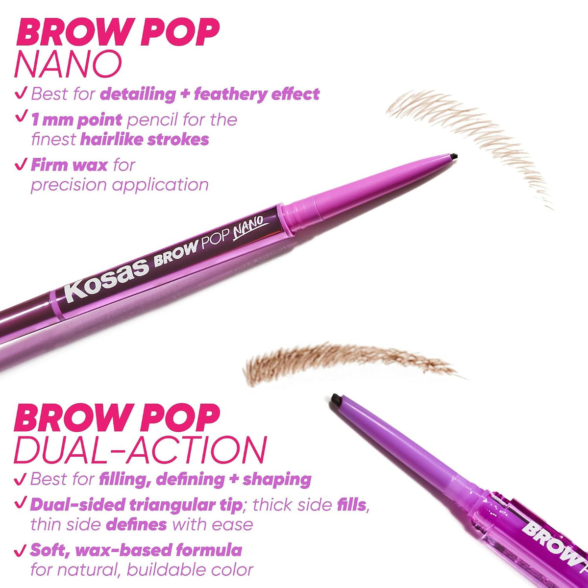 Kosas Brow Pop Nano Ultra-Fine 1mm Eyebrow Pencil with Spoolie, Taupe | Ultra-fine 1mm brow pencil with a spoolie to create precise, hair-like strokes for natural-looking definition.
