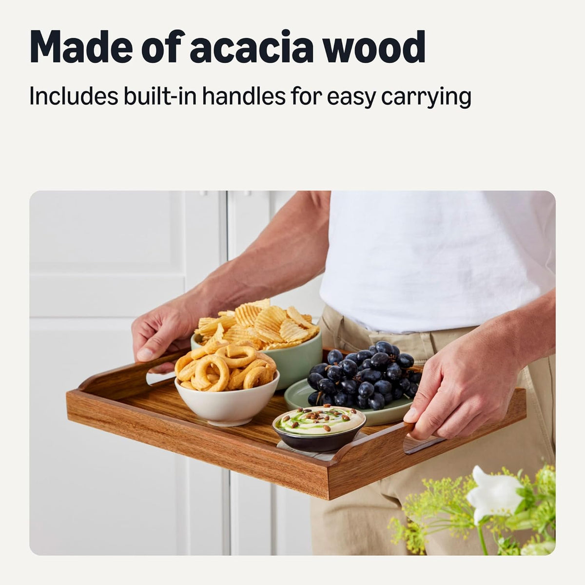 Amazon Basics Wooden Serving Tray, 17" x 12" Acacia Wood Decorative Tray Platter With Built-in Handles for Breakfast in Bed, Food & Drinks, Entertaining, Coffee Table & Ottoman