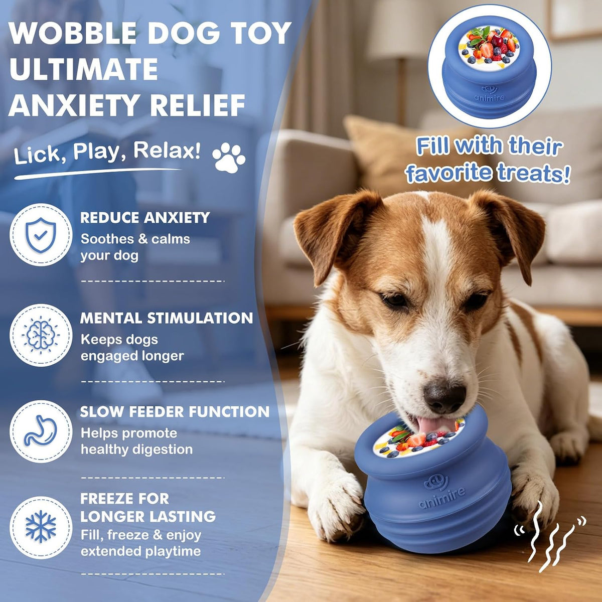 Treat Dispensing Dog Toy, Long-Lasting Interactive Puzzle Toys for Dogs, Stuffable Dog Enrichment Frozen Lick Treat Toy for Boredom, BPA Free Silicone Fetch Catch Chew Toy (Dark Blue,S)