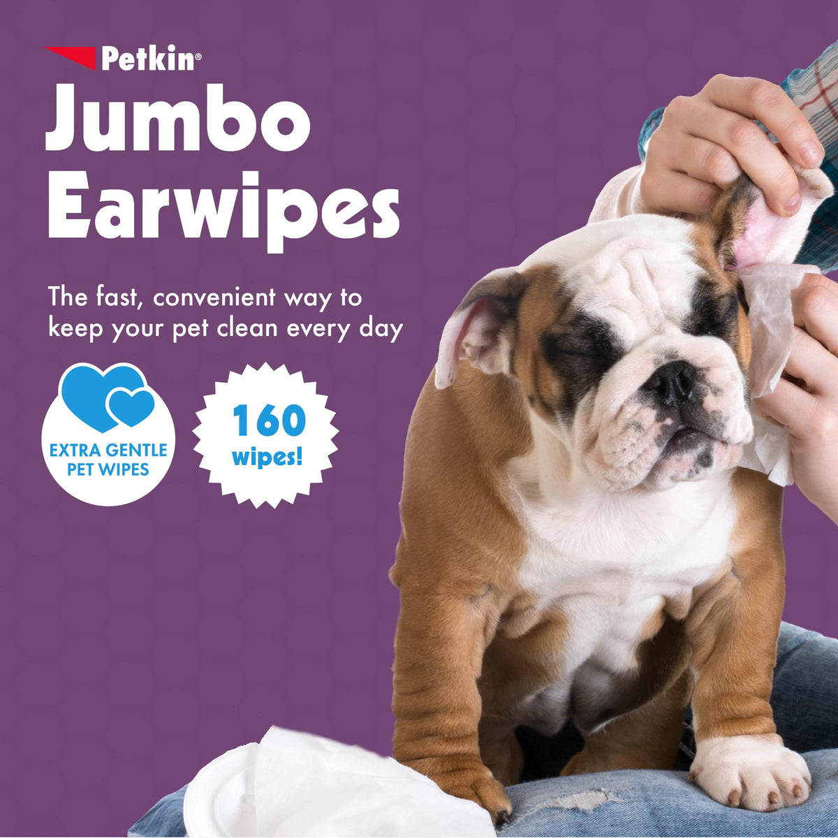 Petkin Jumbo Pet Ear Wipes, 80 Extra Moist Wipes - Soothing & Deodorizing Pet Ear Cleaner to Remove Dirt, Odor, & Wax - Safe, Convenient, & Easy to Use Pet Wipes for Dogs, Cats, Puppies & Kittens