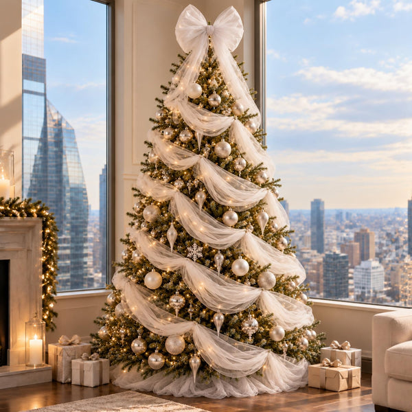 White Large Christmas Bow for Tree Topper 25 ft, White, Tulle