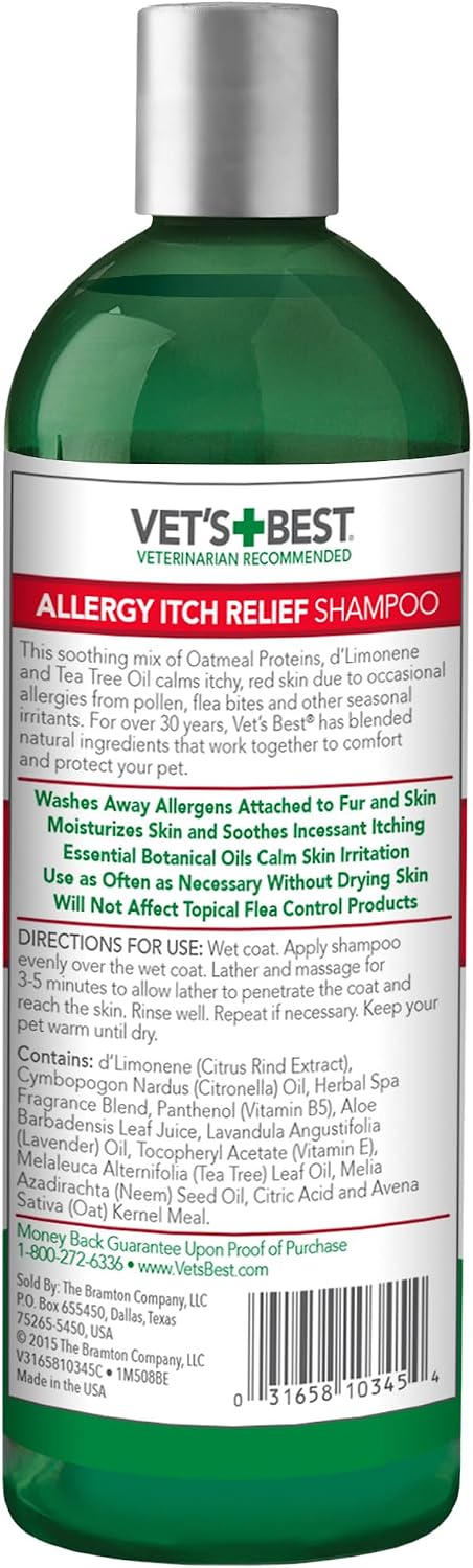 Vet's Best Allergy Itch Relief Dog Shampoo, Oatmeal Dog Shampoo for Itchy Skin, Cleans and Relieves Discomfort from Seasonal Allergies, Anti Itch Dog Soap, 16 Oz