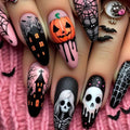 48Pcs Halloween Press on Nails Ghost Stick on Fingernails Monster Short Square False Nails Glossy Black Spider Web Acrylic Fake Nail Skull Gel Glue on Nail for Coquette Women Girls