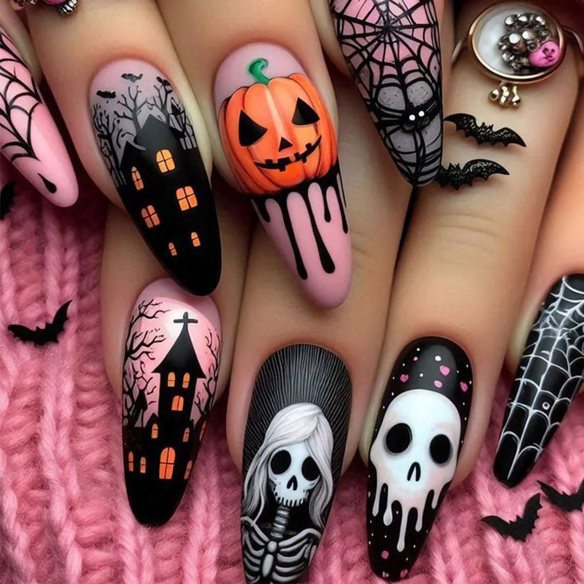 48Pcs Halloween Press on Nails Ghost Stick on Fingernails Monster Short Square False Nails Glossy Black Spider Web Acrylic Fake Nail Skull Gel Glue on Nail for Coquette Women Girls