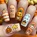 Pink Halloween Press on Nails Long Coffin Fake Nails Cute Ghost Bat Spider Web Design Glossy Acrylic Nails Reusable Stick on Nails Full Cover Artificial Nails Halloween Costume Party Daily Nail Decor