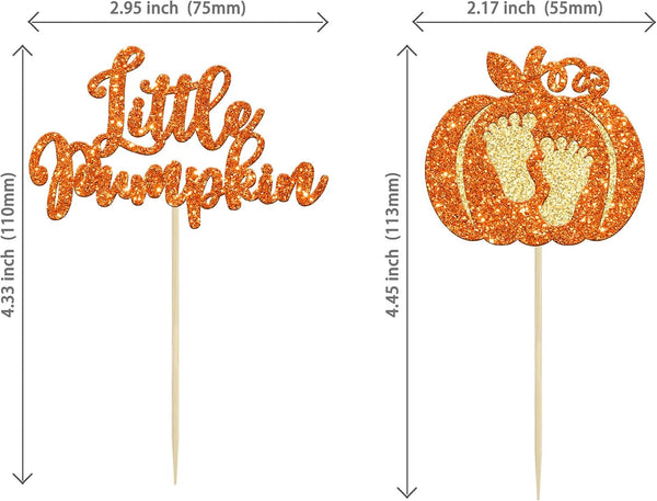 24pc Little Pumpkin Cupcake Toppers - Glitter Pumpkin Cupcake Picks - Baby Shower Decorations - Fall Harvest Theme - Kids Birthday Party Supplies