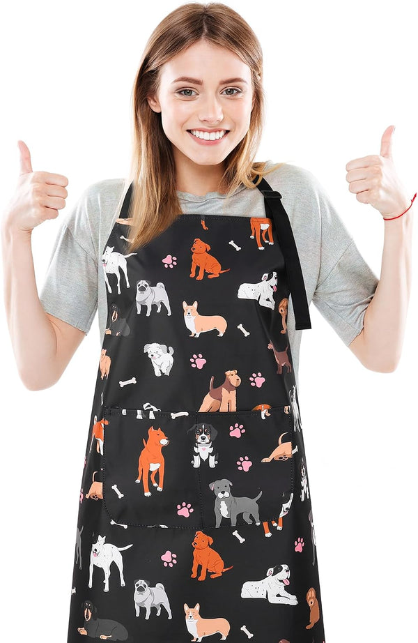 Dog Grooming Waterproof Apron with 2 Pockets, Cute Animals Puppy Dog Pets Apron