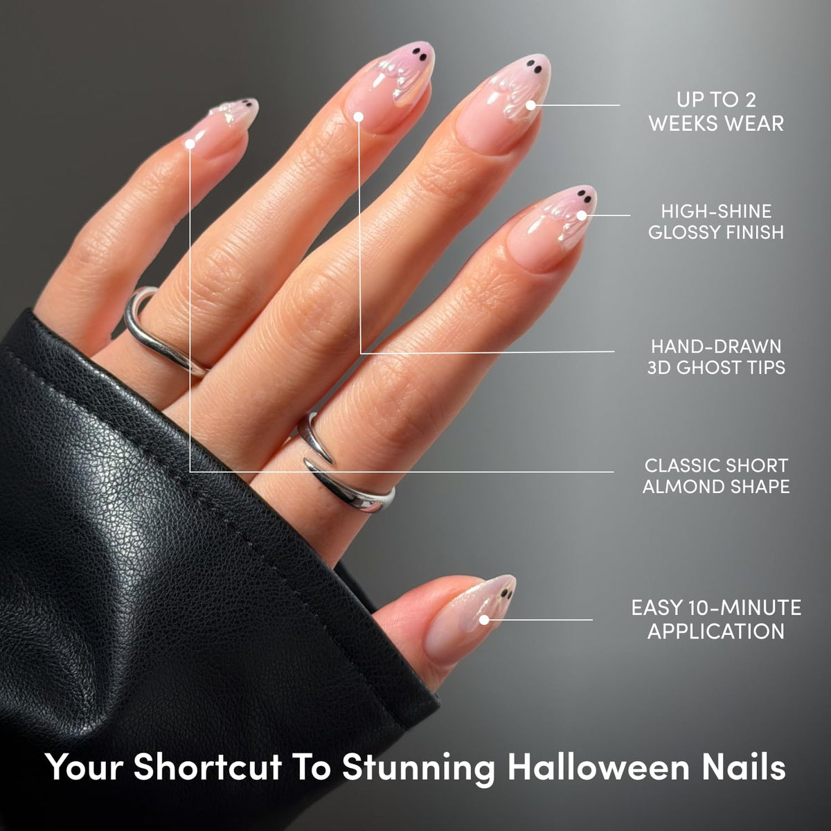 Glamnetic Halloween Press On Nails, Short Almond Glossy, Ghost Besties