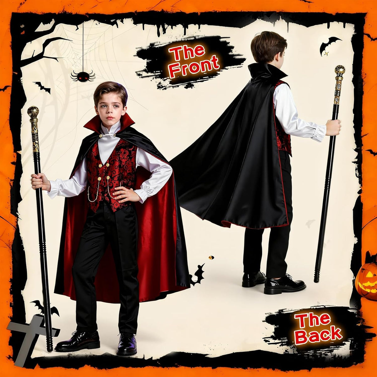 Boys Vampire Costume Set, Halloween Party Vampire Cosplay Outfit with Cape, Shirt, Pants & Cane, kids dracula costume