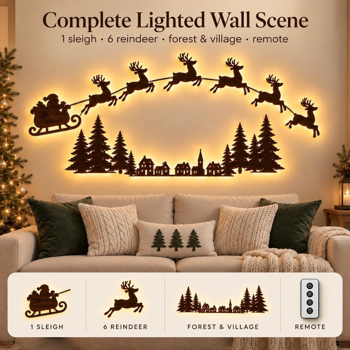 LED Reindeer Wall Decorations,3D Wooden Christmas Lighting Decor