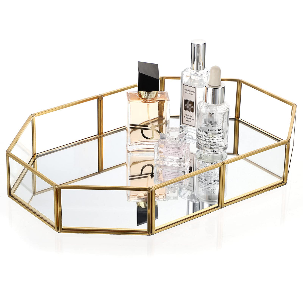 Hipiwe Mirror Glass Vanity Tray - Gold Ornate Makeup Organizer Perfume Tray