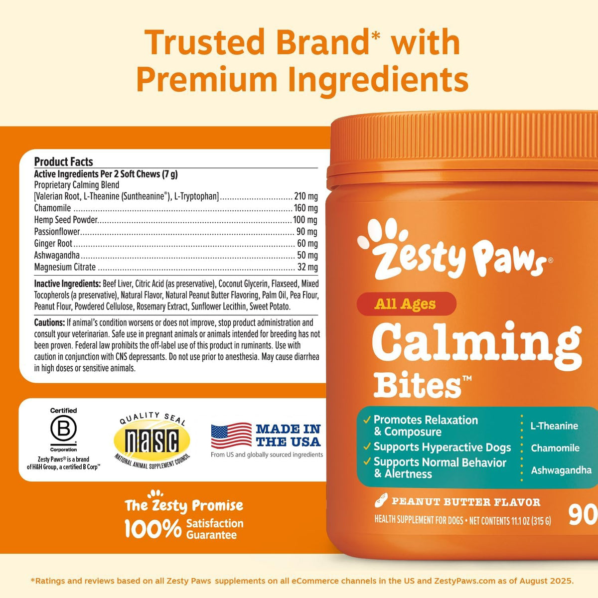Zesty Paws Calming Chews for Dogs Composure & Relaxation for Everyday Stress & Separation Peanut Butter 90 Count