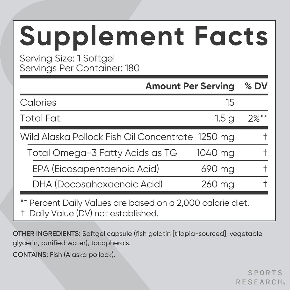 Sports Research® Omega-3 Fish Oil 1250 - Triple Strength Fish Oil Supplement from Wild Alaska Pollock - MSC Certified Sustainable · Non-GMO · Soy Free - 180 Softgel Capsules