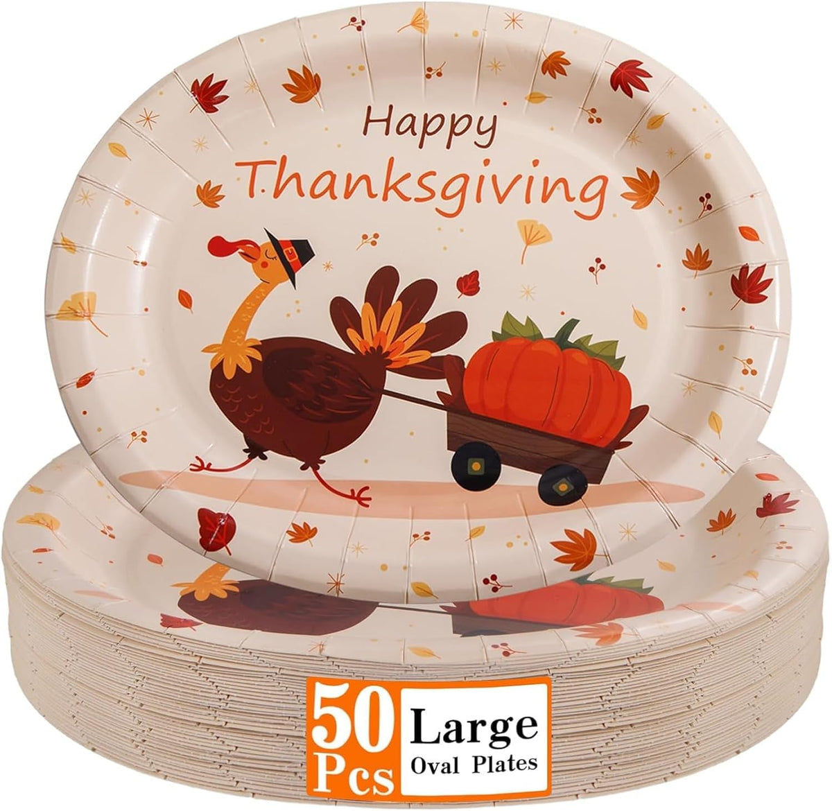 50Pack Thanksgiving Oval Plates Paper - 10" x 12" Happy Thanksgiving Plates Disposable Dinner Supply - Turkey Thankful Pattern