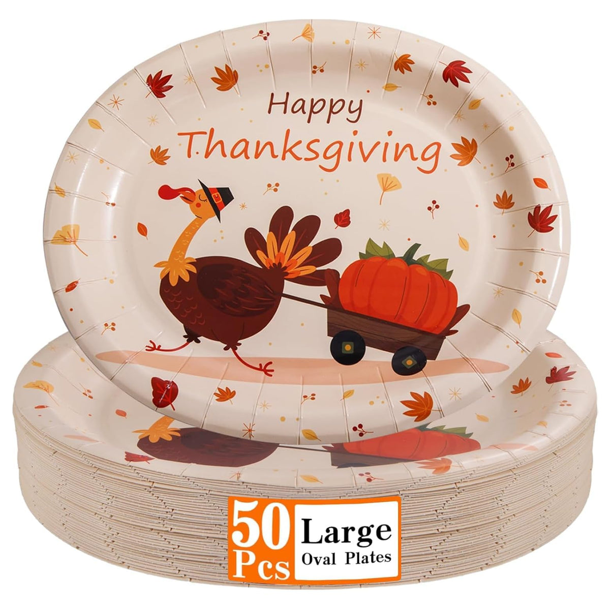 50Pack Thanksgiving Paper Plates - 10" x 12" Oval Paper Plates Dinner Size Large Disposable Platter Heavy Duty For Happy Thanksgiving Serving Tray Autumn Fall Harvest Party Supply