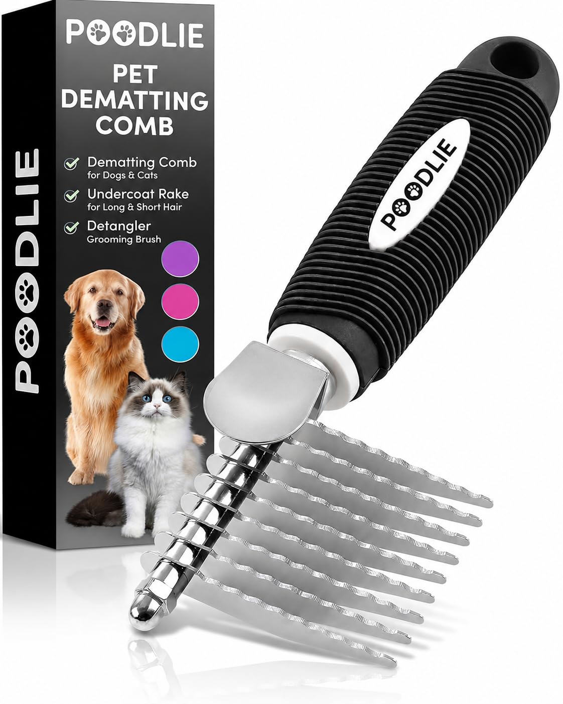 Poodle Pet Detangling Pet Comb with Long & Short Stainless Steel Teeth for Removing Matted Fur, Knots & Tangles – Detangler Tool Accessories for Safe & Gentle DIY Dog & Cat Grooming