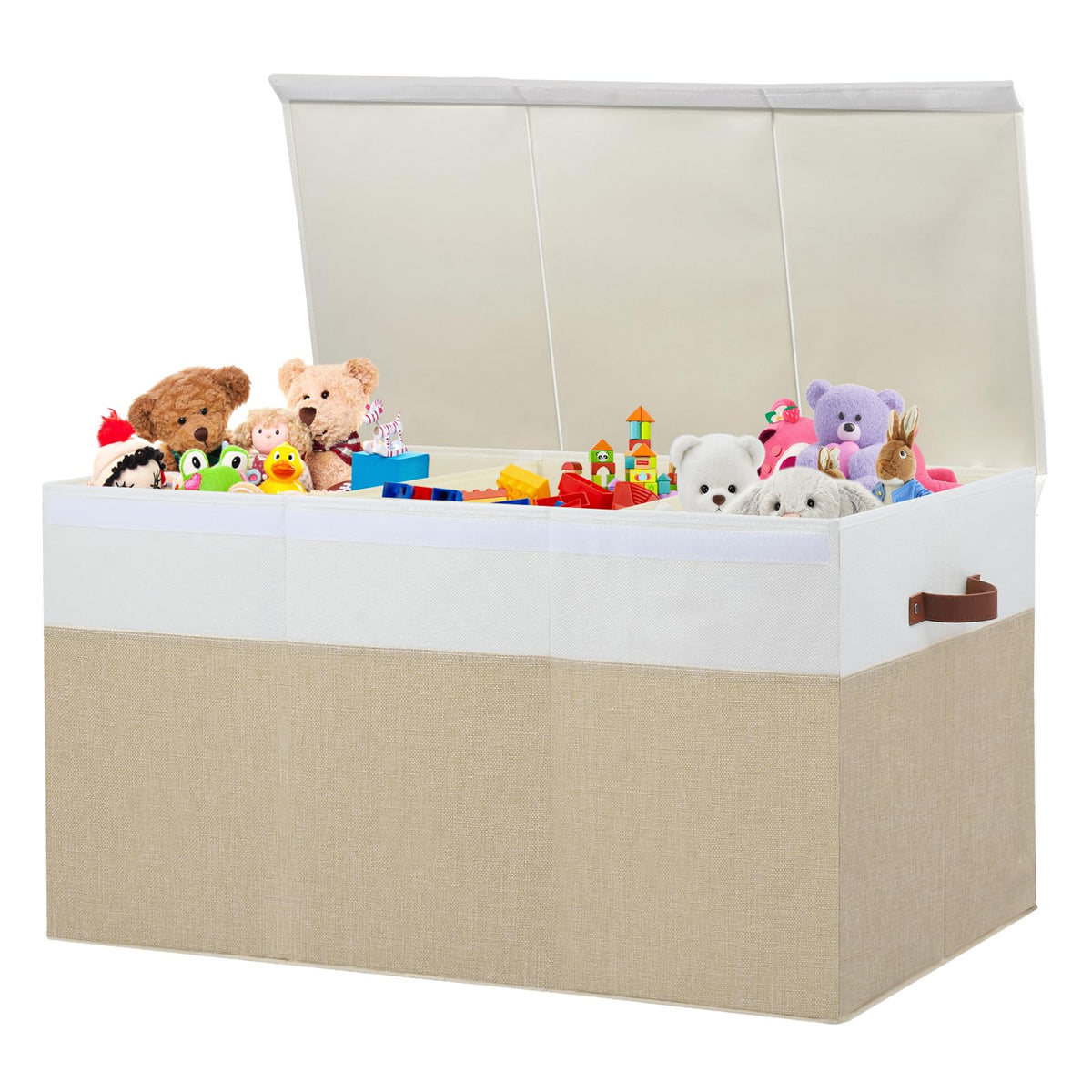 Large Toy Storage Box with Lid, Toy Chest Bin Boxes Basket with Dividers | Sturdy Toy Organizer Bin for Kids, Boys, Girls, Nursery, Living Room, Bedroom, Playroom 25"x13" x16" (Beige and White)