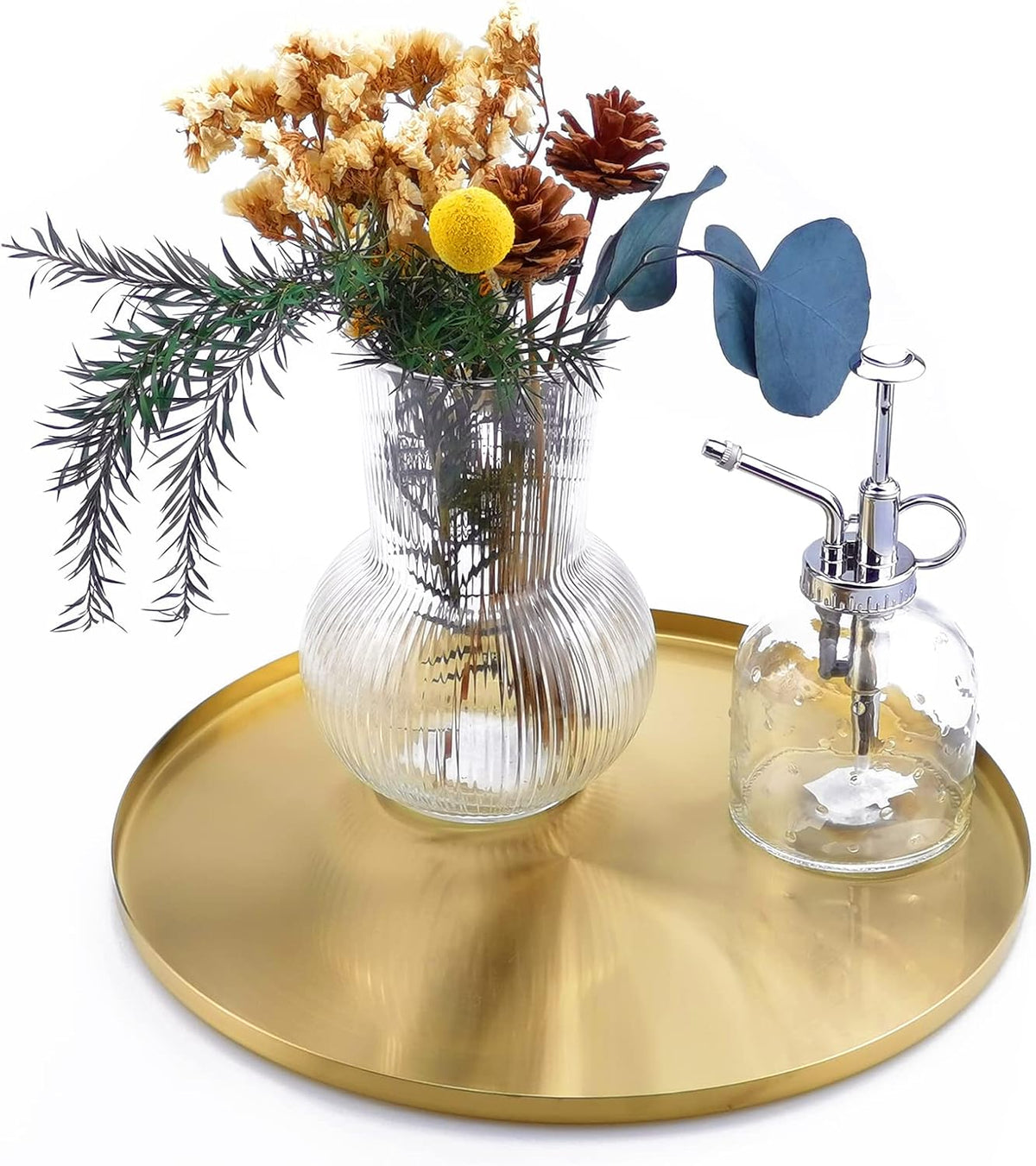 FREELOVE 12 Inch Brushed Gold Round Tray, Stainless Steel Brass Decorative Tray for Coffee Table, Vanity, Bathroom Counter, Dresser, Candles, Perfume, Jewelry and Bar Cart Décor