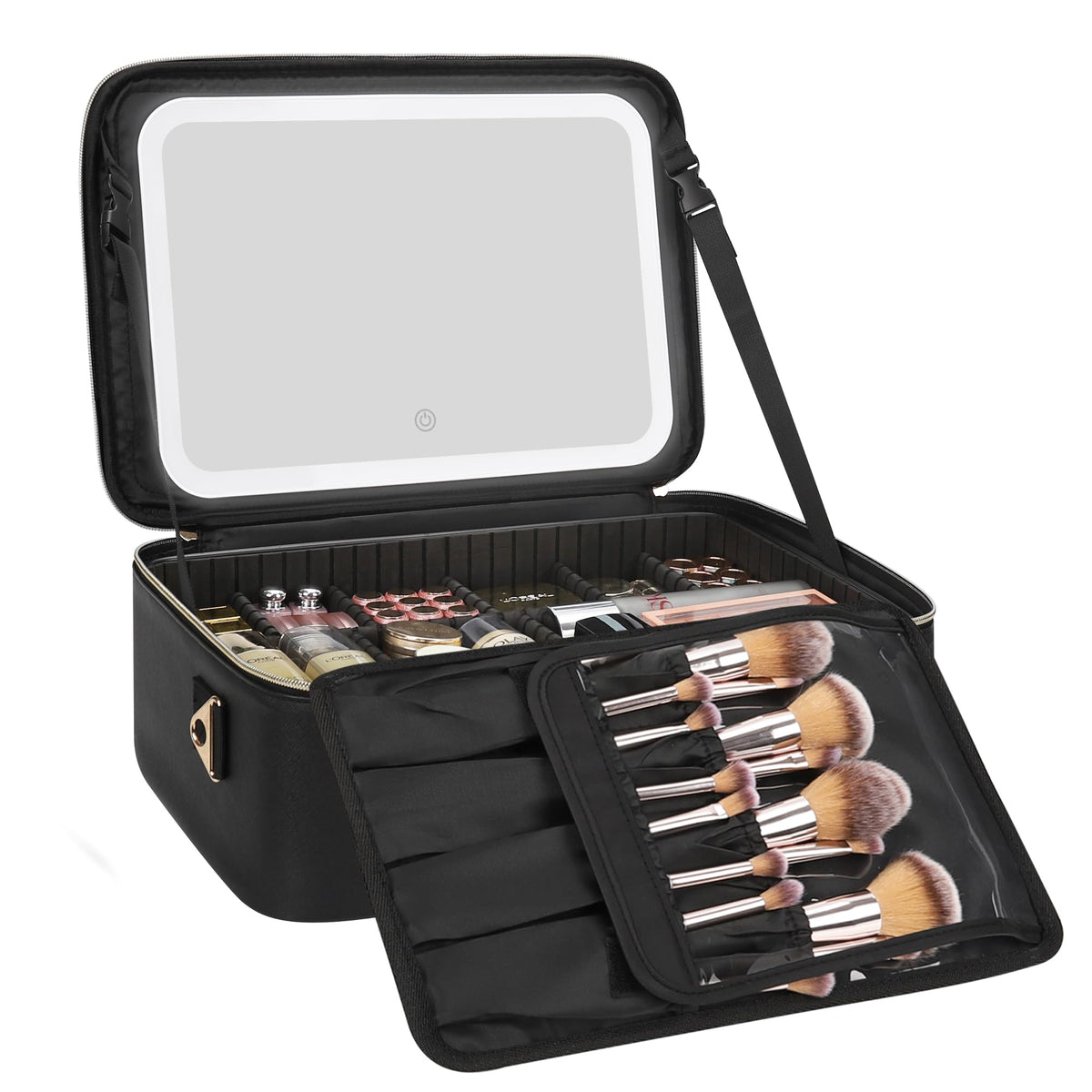 Relavel Travel Makeup Bag With LED Mirror, Cosmetic Train Case with Light up Mirror, Portable Makeup Artist Organizer Bag with Adjustable Dividers, Makeup Brush Holder Storage, Black